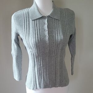 DKNY Gray Ribbed Knit Collared Sweater